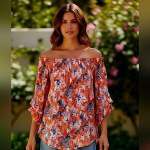 Terra & Sky Orange Floral Off-Shoulder Top 2X